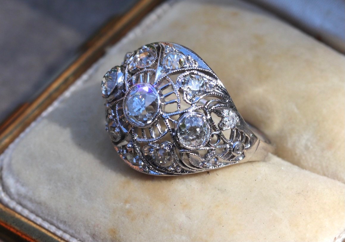 14k Edwardian old cut diamond filigree dome ring 1.4 ctw size 6 (sizable)