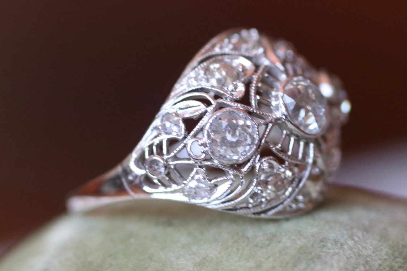 14k Edwardian old cut diamond filigree dome ring 1.4 ctw size 6 (sizable)
