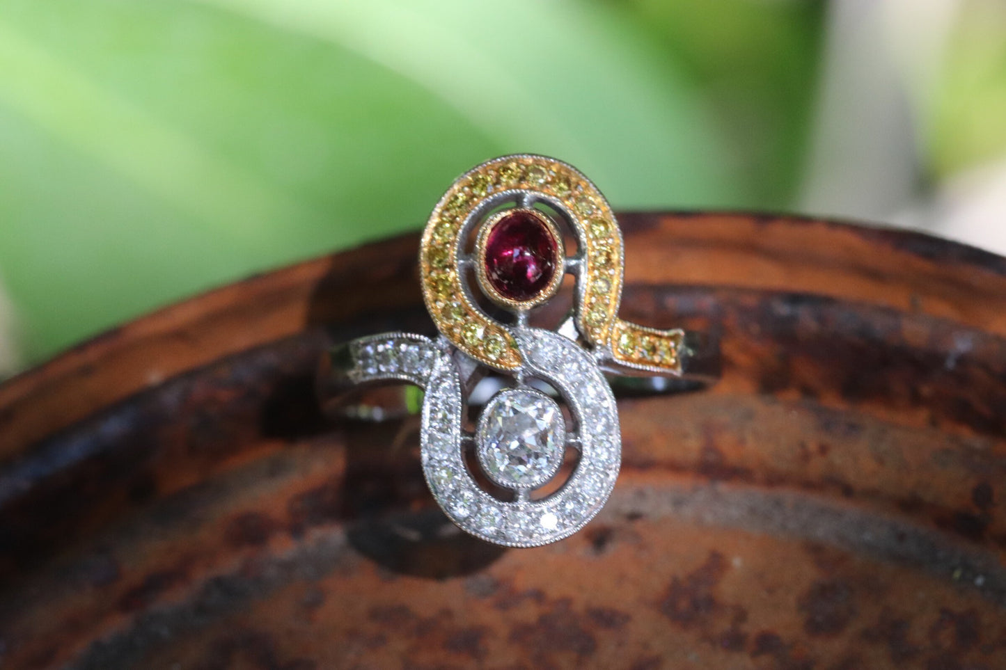 18k Art Deco inspired old cut oval diamond and cabochon ruby ring size 8 (sizable)