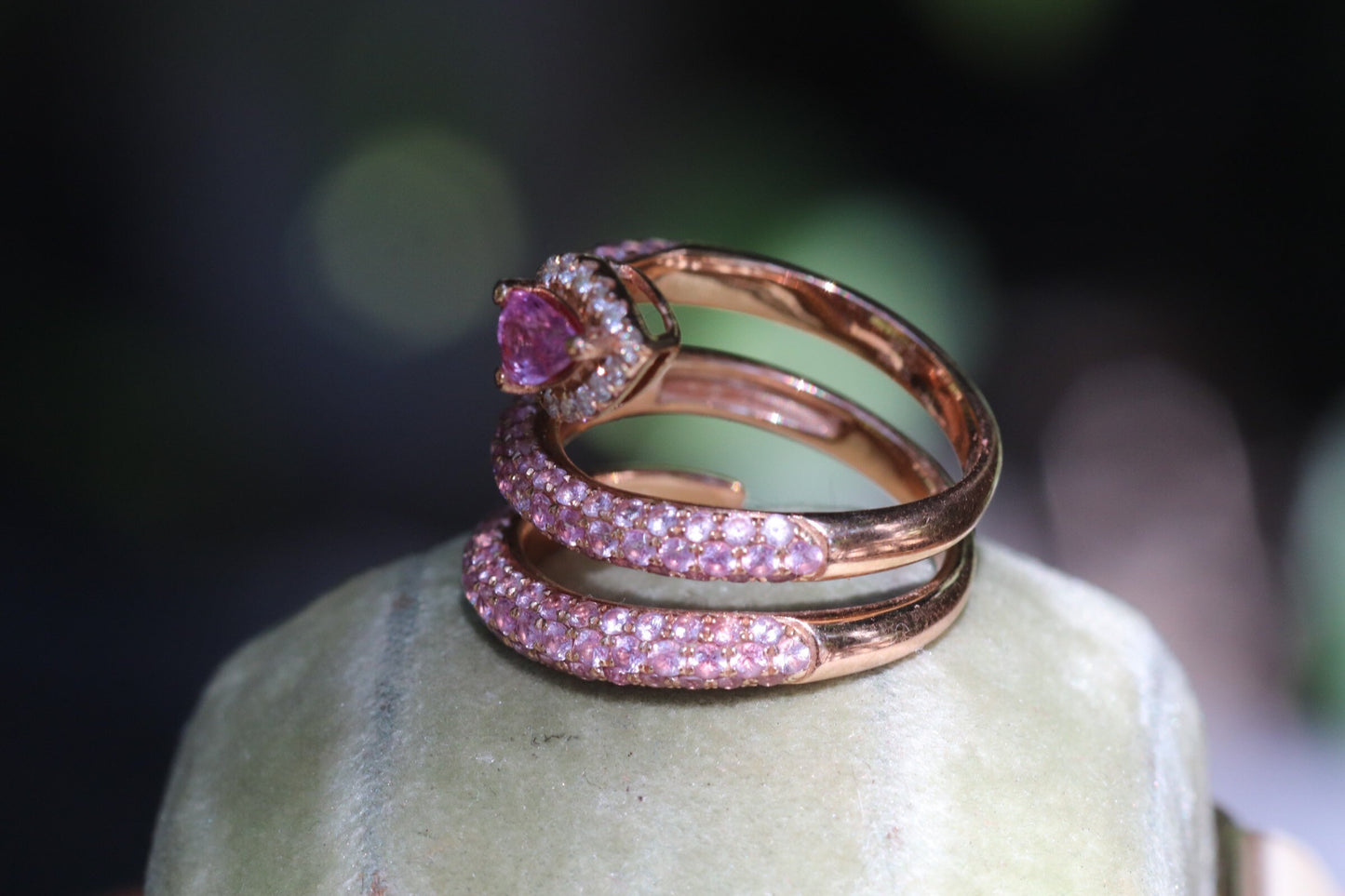 Natural pink sapphire and diamond serpent snake ring set in 18k rose gold size 6 (sizable)