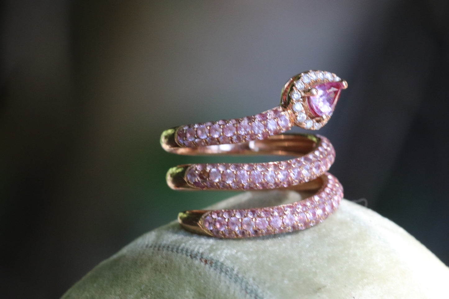 Natural pink sapphire and diamond serpent snake ring set in 18k rose gold size 6 (sizable)