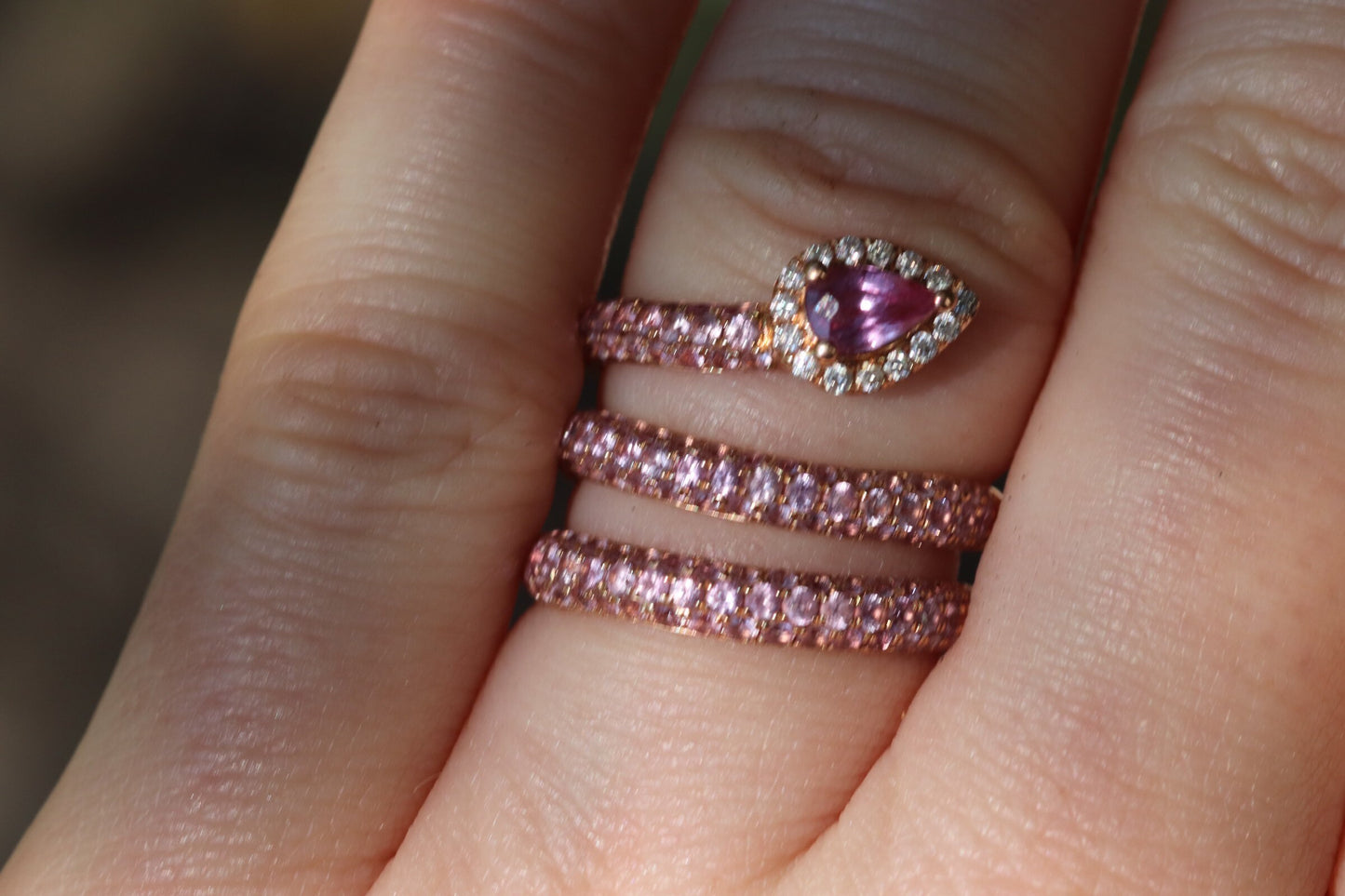 Natural pink sapphire and diamond serpent snake ring set in 18k rose gold size 6 (sizable)