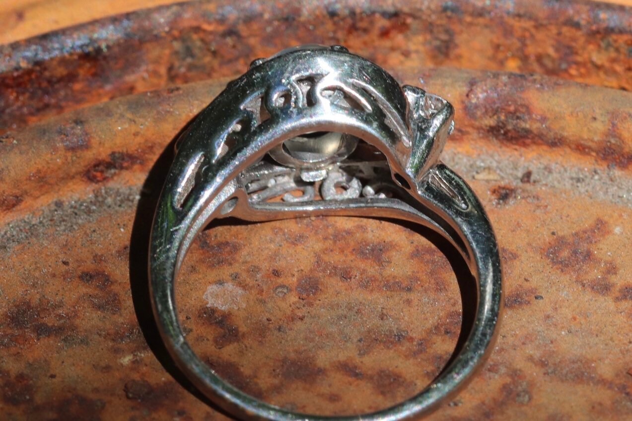 1950s cats eye platinum moonstone and natural diamond ring size 5.75 (sizable)