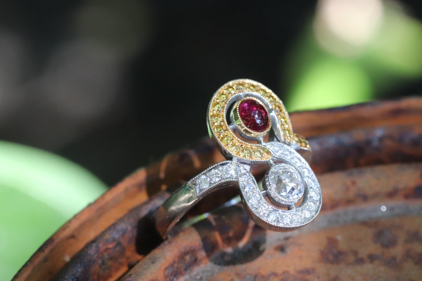 18k Art Deco inspired old cut oval diamond and cabochon ruby ring size 8 (sizable)