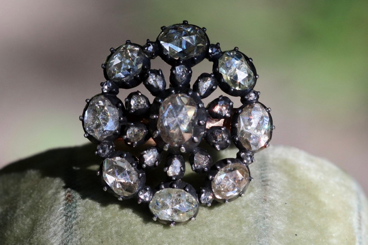 Rose cut diamond ring set in 14k and silver size 6.25 (sizable)