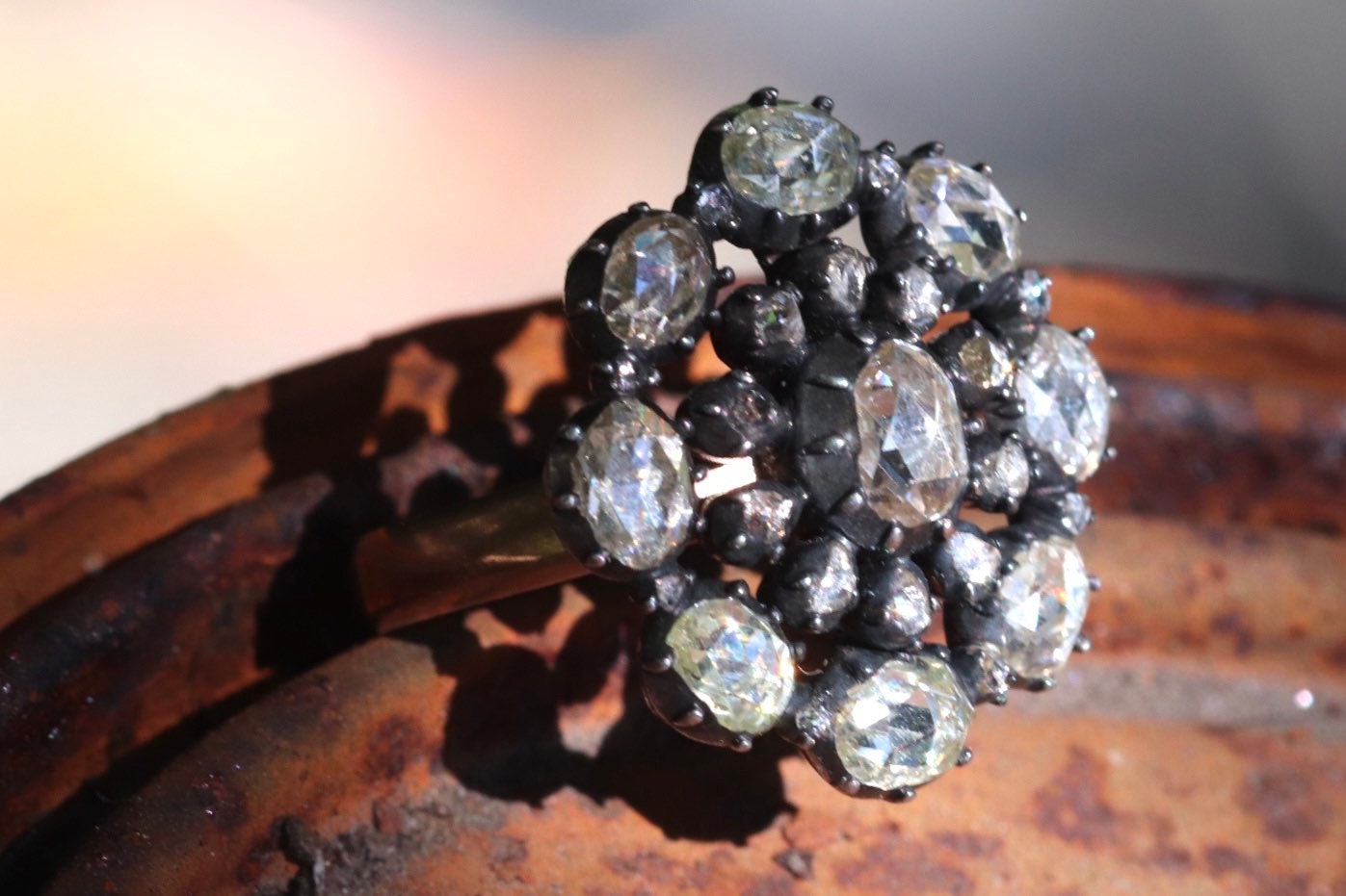 Rose cut diamond ring set in 14k and silver size 6.25 (sizable)