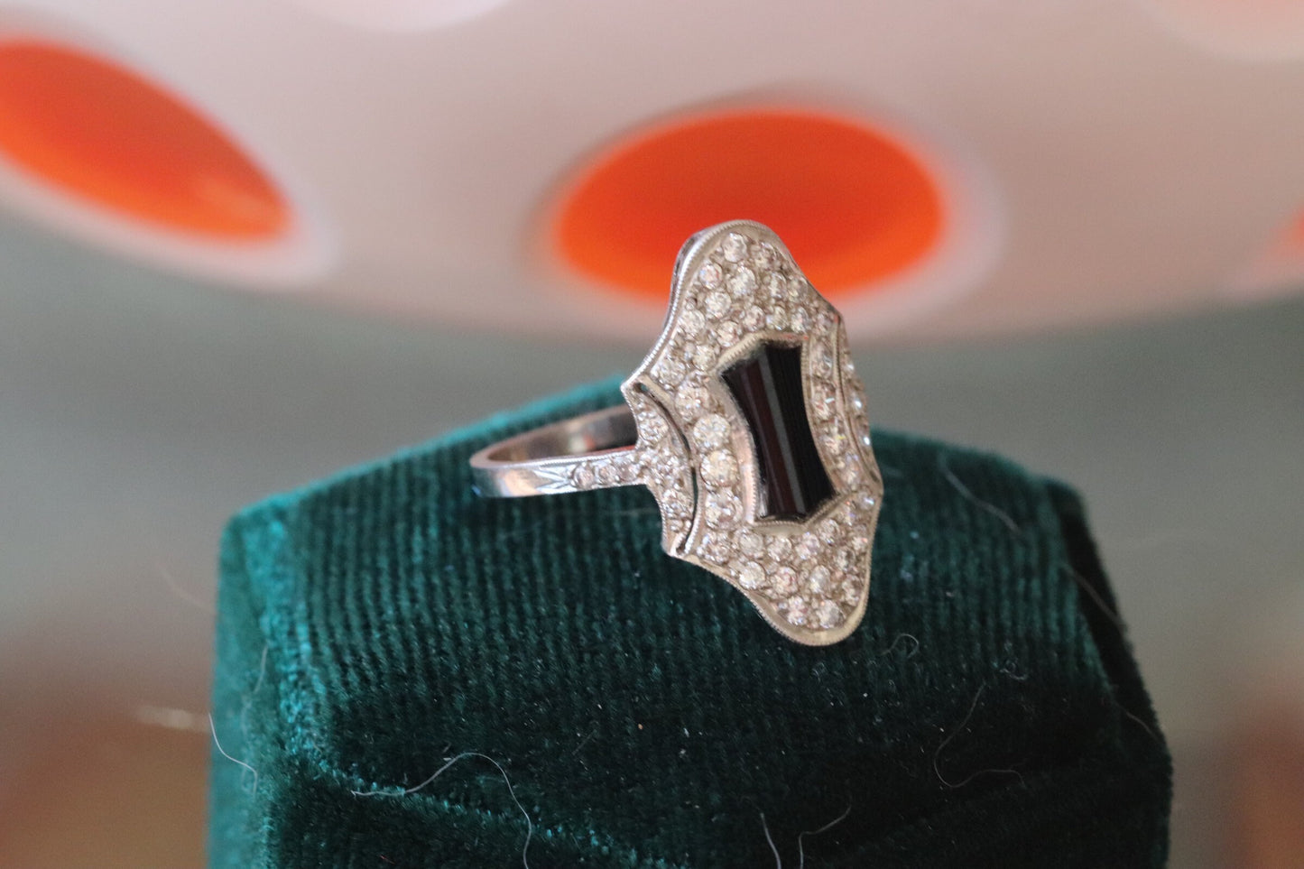 Authentic Art Deco platinum, diamond and onyx ring size 6.5 (sizable)