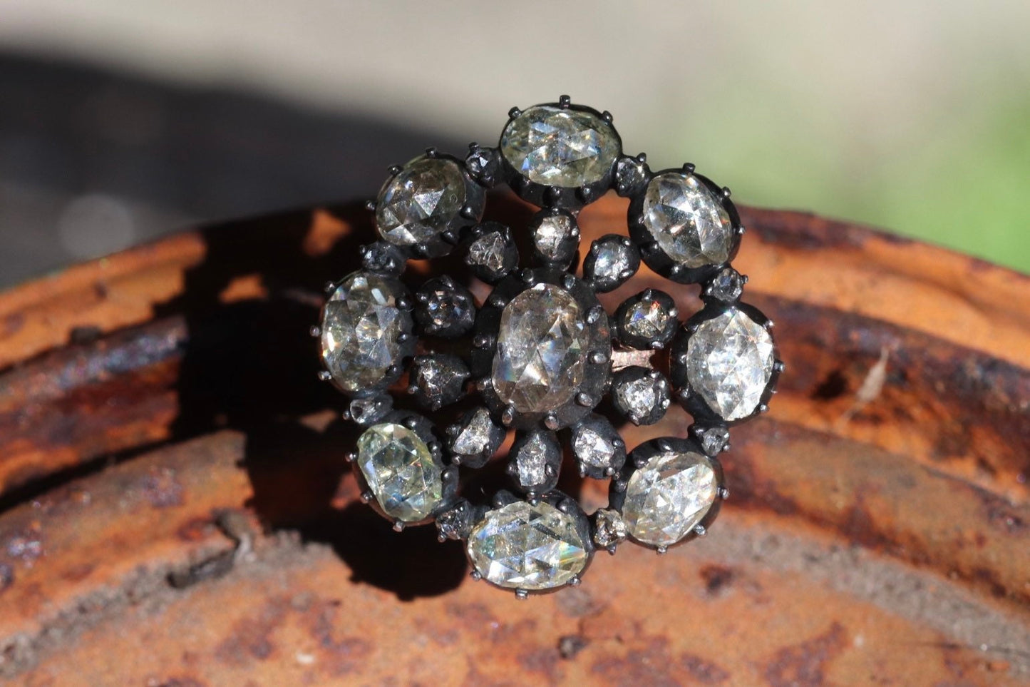 Rose cut diamond ring set in 14k and silver size 6.25 (sizable)