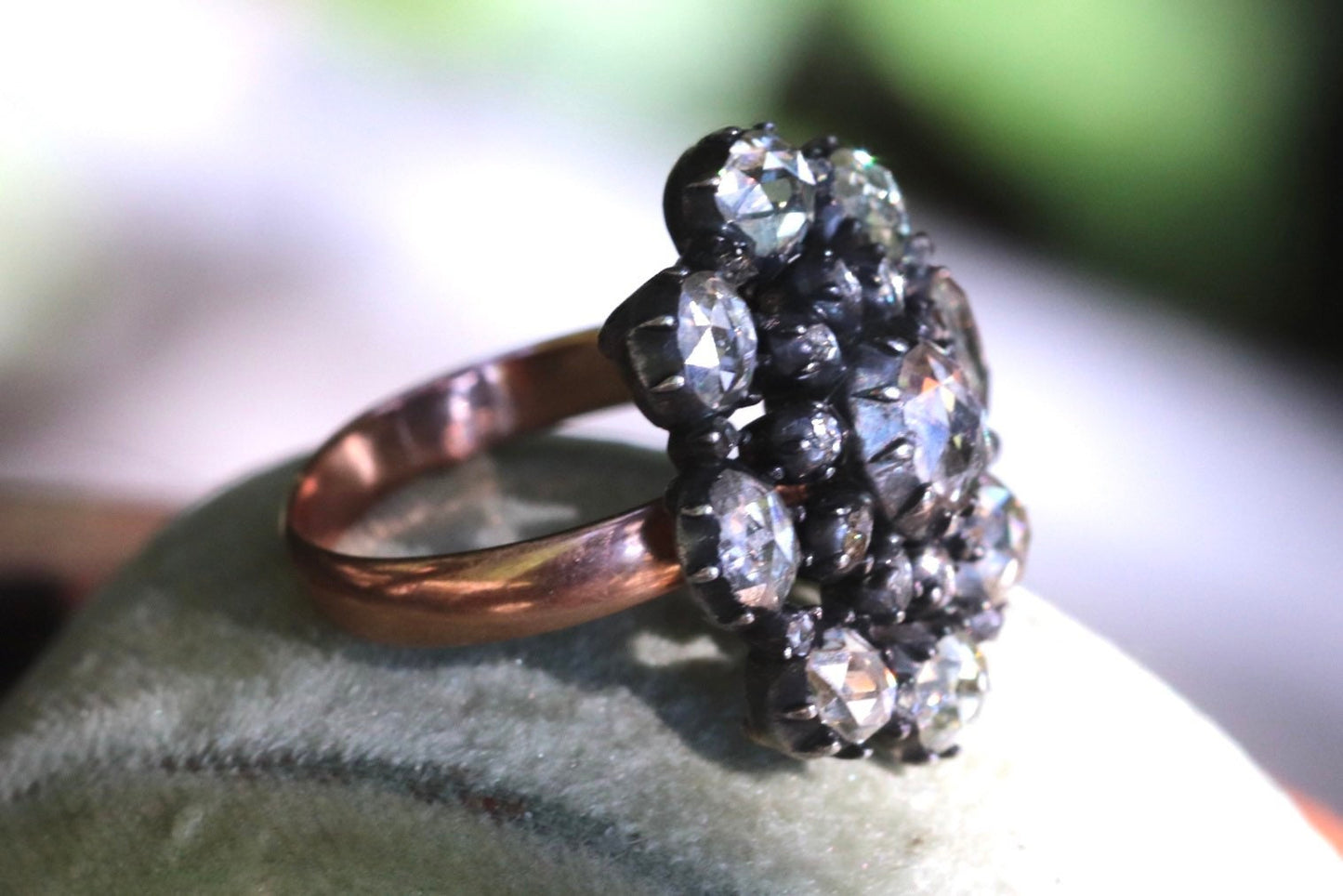 Rose cut diamond ring set in 14k and silver size 6.25 (sizable)