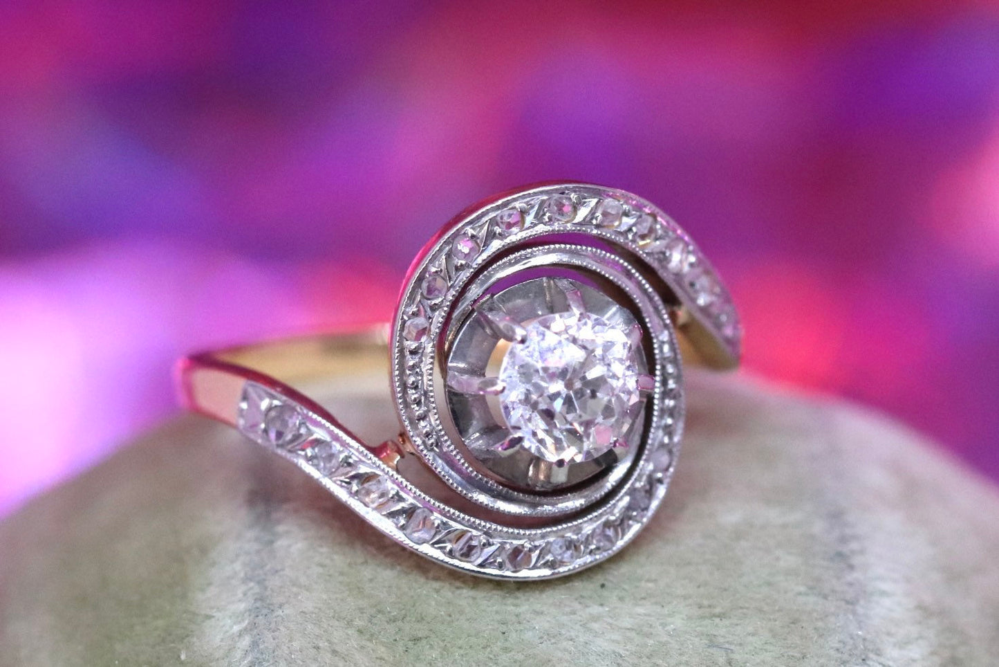 Antique tourbillon diamond ring set in 14k gold size 7