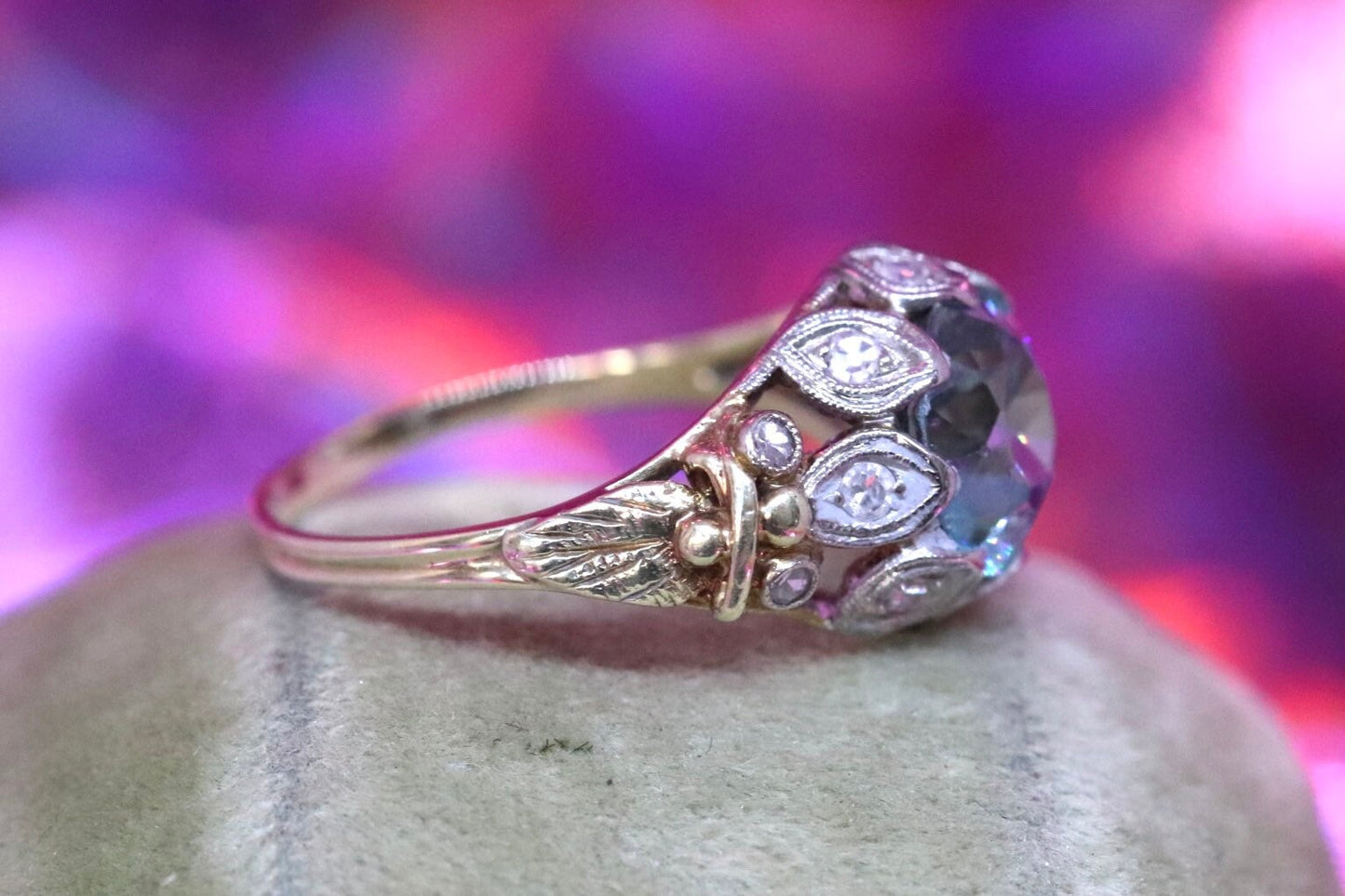 14k blue  zircon and diamond ring set in 14k yellow gold size 6