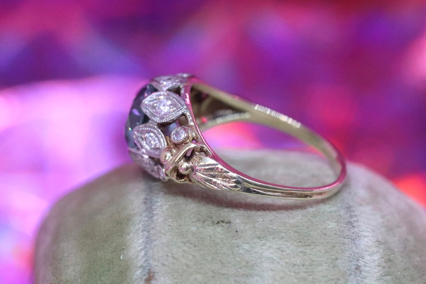 14k blue  zircon and diamond ring set in 14k yellow gold size 6