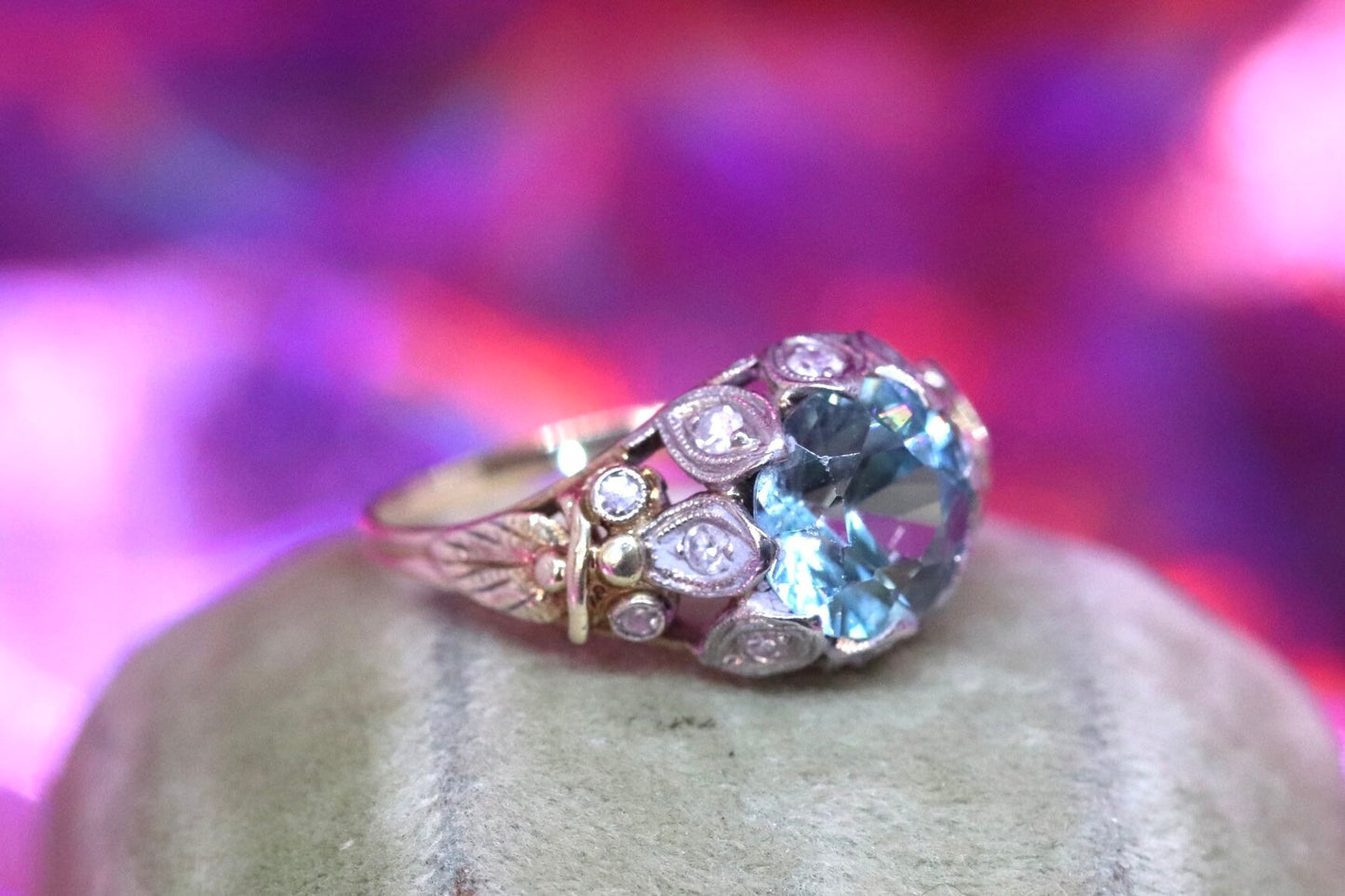 14k blue  zircon and diamond ring set in 14k yellow gold size 6