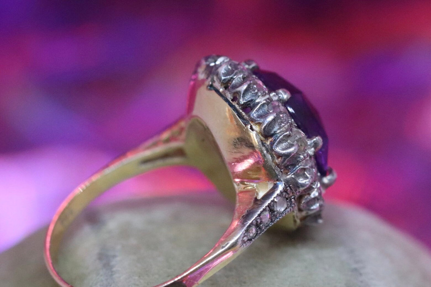 18k yellow and silver topped amethyst and rose cut diamond ring size 5.5