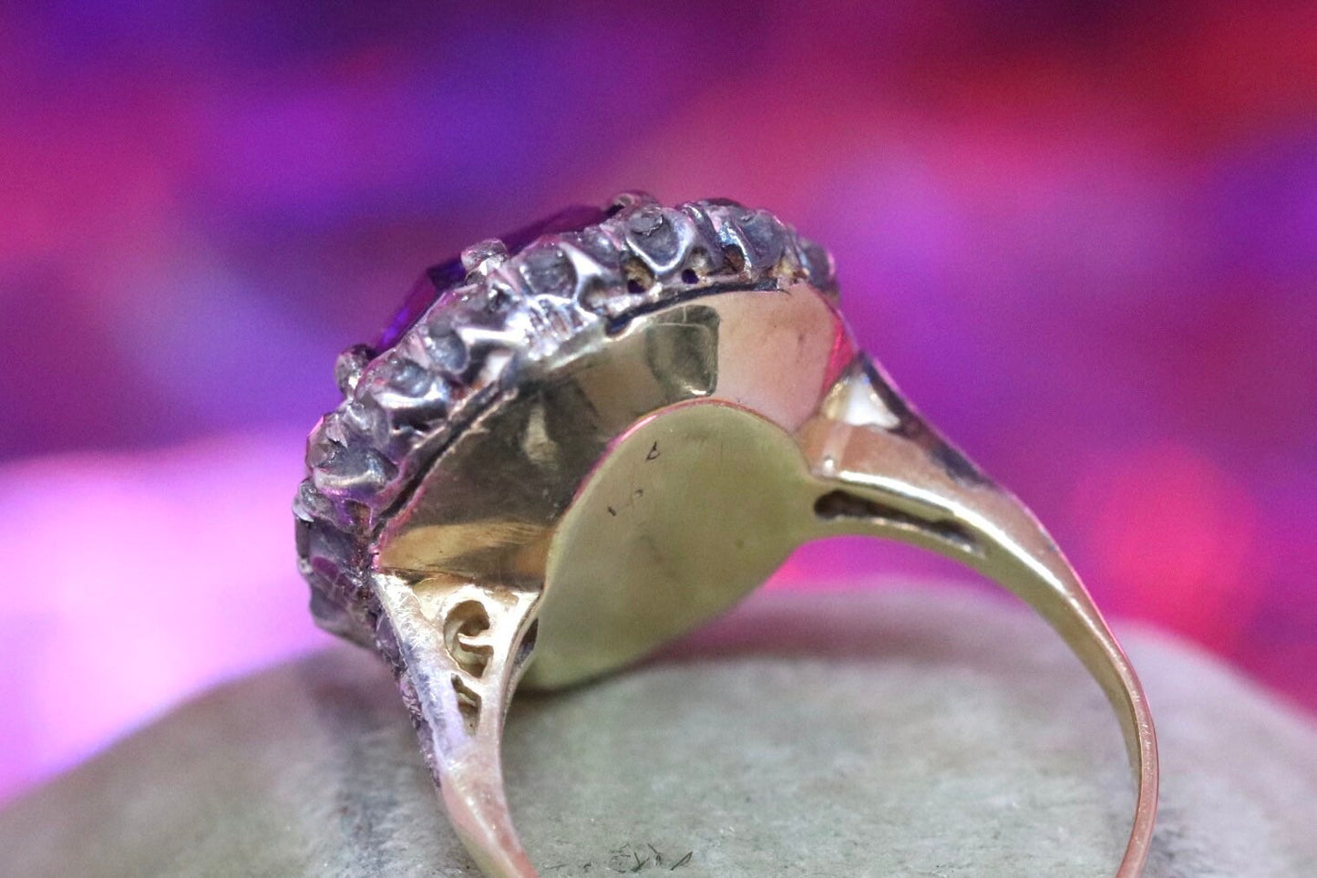 18k yellow and silver topped amethyst and rose cut diamond ring size 5.5