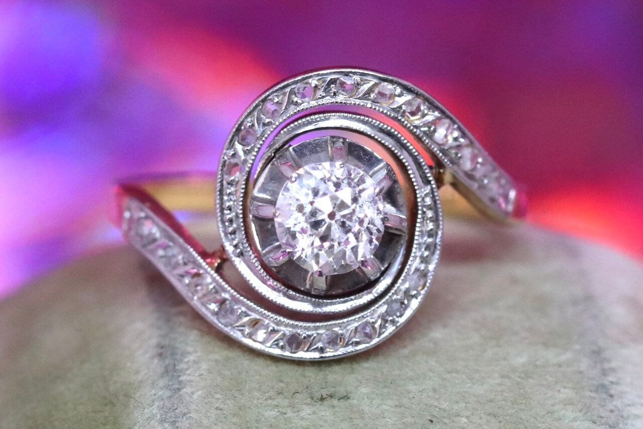 Antique tourbillon diamond ring set in 14k gold size 7