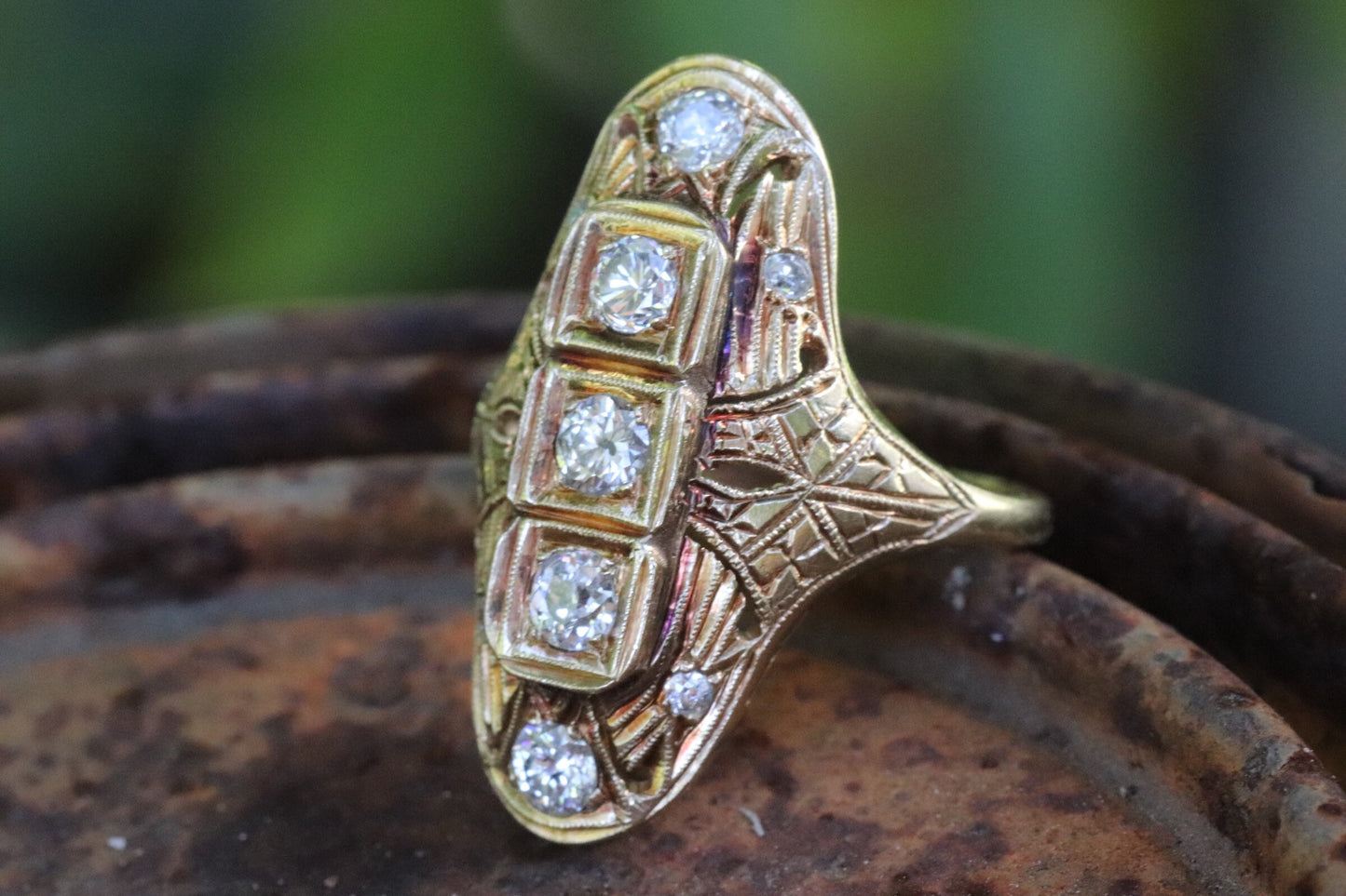 14k yellow gold antique Edwardian navette diamond ring size 6 (sizable)