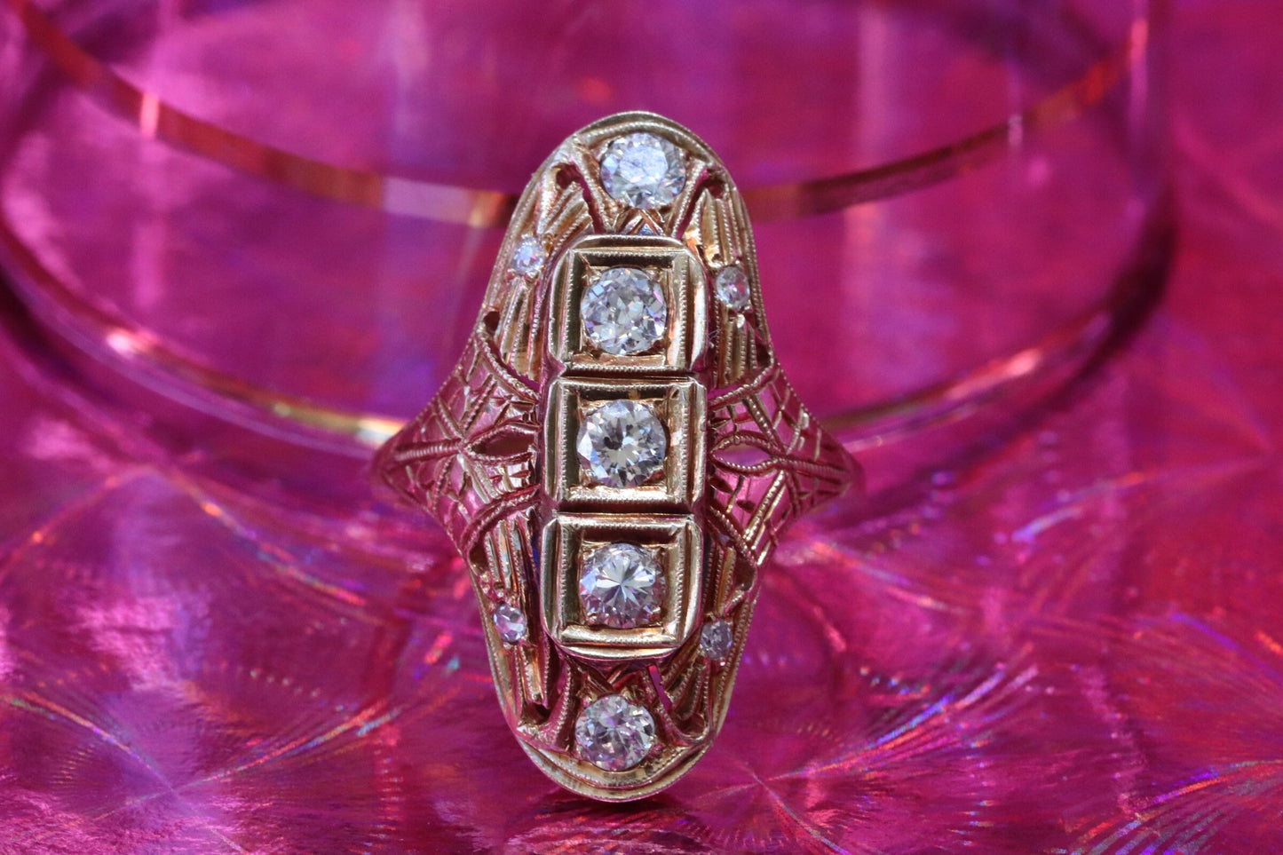 14k yellow gold antique Edwardian navette diamond ring size 6 (sizable)