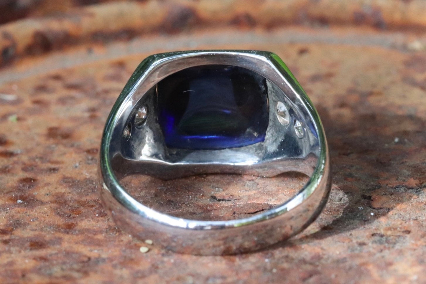14k white gold synthetic blue sapphire sugarloaf ring with old European cut diamonds size 8 (sizable)