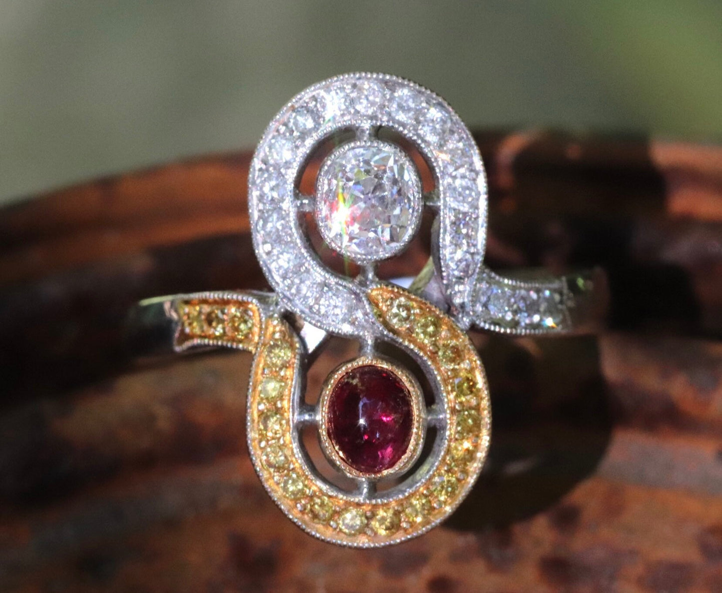 18k Art Deco inspired old cut oval diamond and cabochon ruby ring size 8 (sizable)