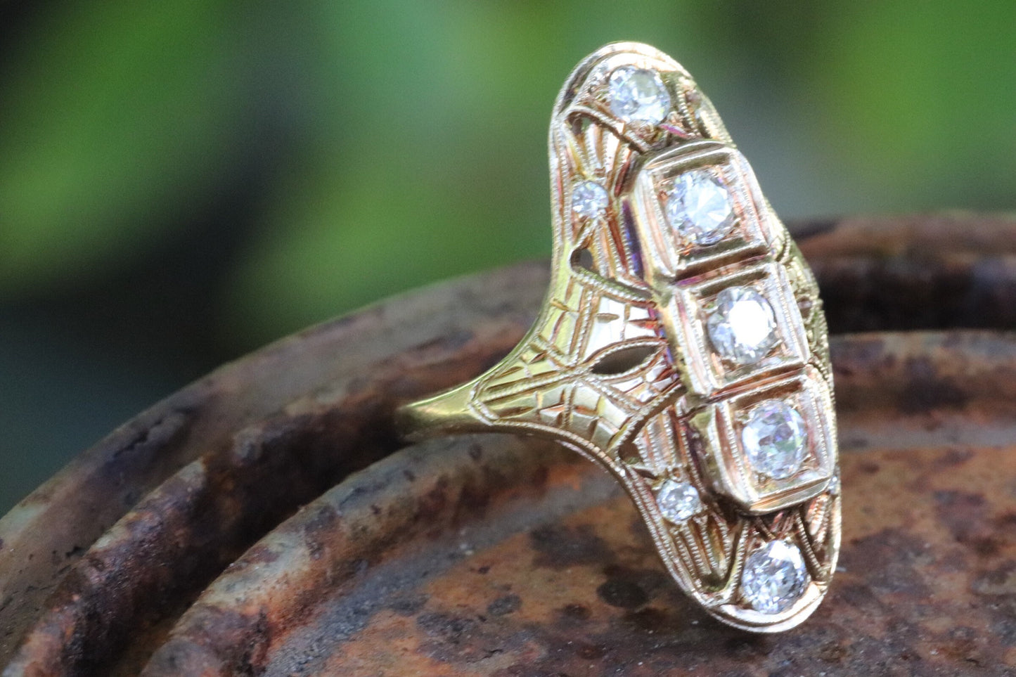 14k yellow gold antique Edwardian navette diamond ring size 6 (sizable)