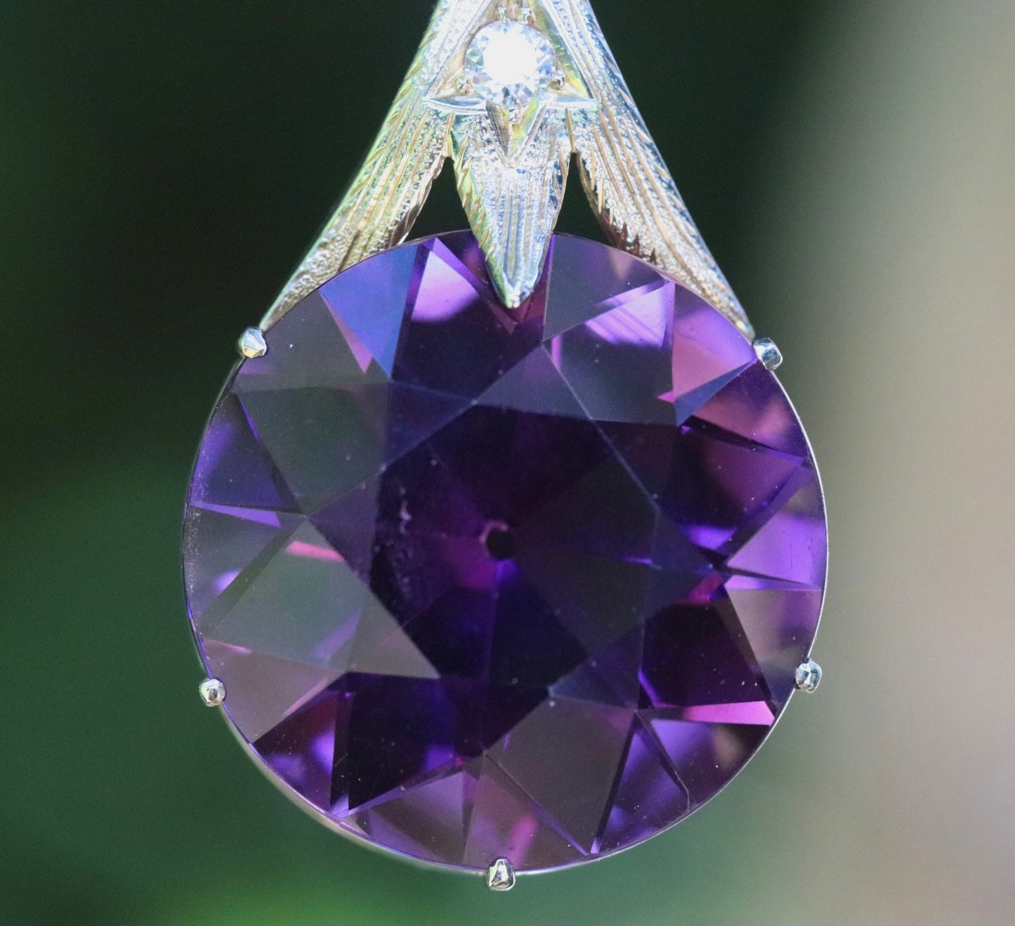 36 ct old European cut amethyst pendant on 18” solid paper clip chain 14k necklace