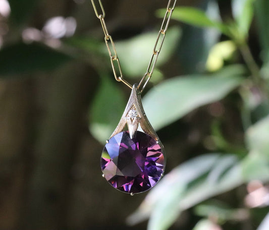 36 ct old European cut amethyst pendant on 18” solid paper clip chain 14k necklace