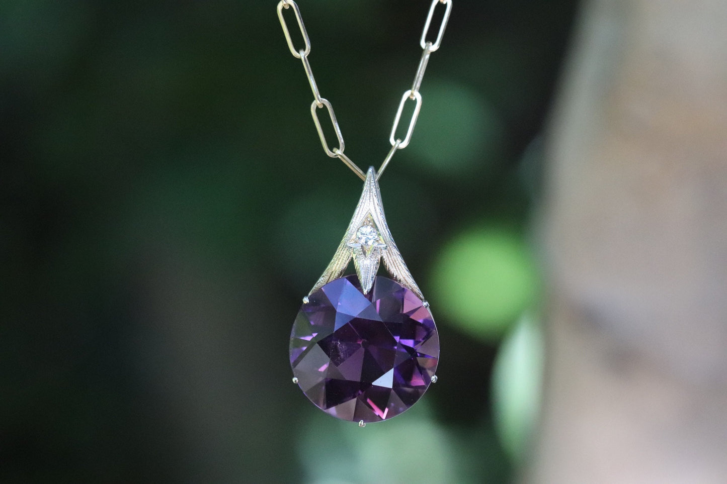 36 ct old European cut amethyst pendant on 18” solid paper clip chain 14k necklace