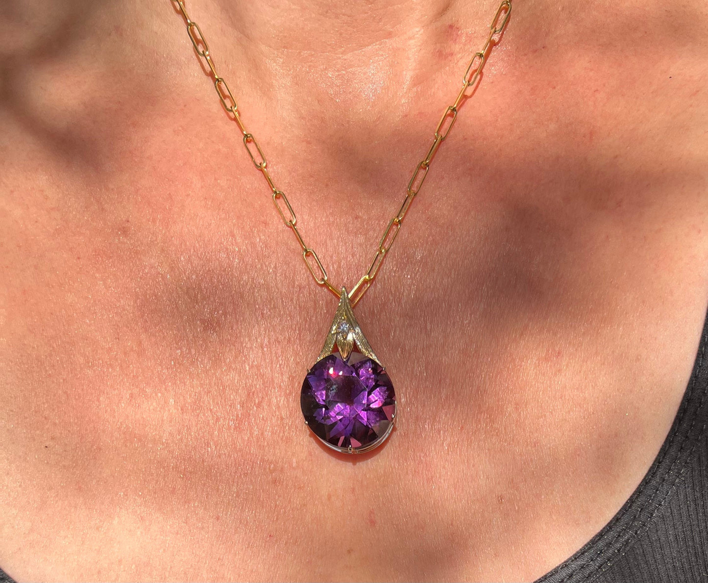 36 ct old European cut amethyst pendant on 18” solid paper clip chain 14k necklace