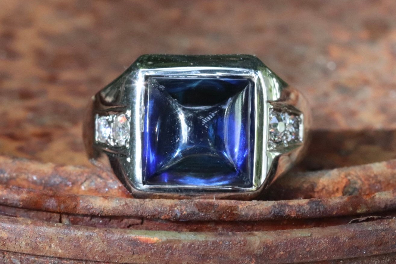 14k white gold synthetic blue sapphire sugarloaf ring with old European cut diamonds size 8 (sizable)