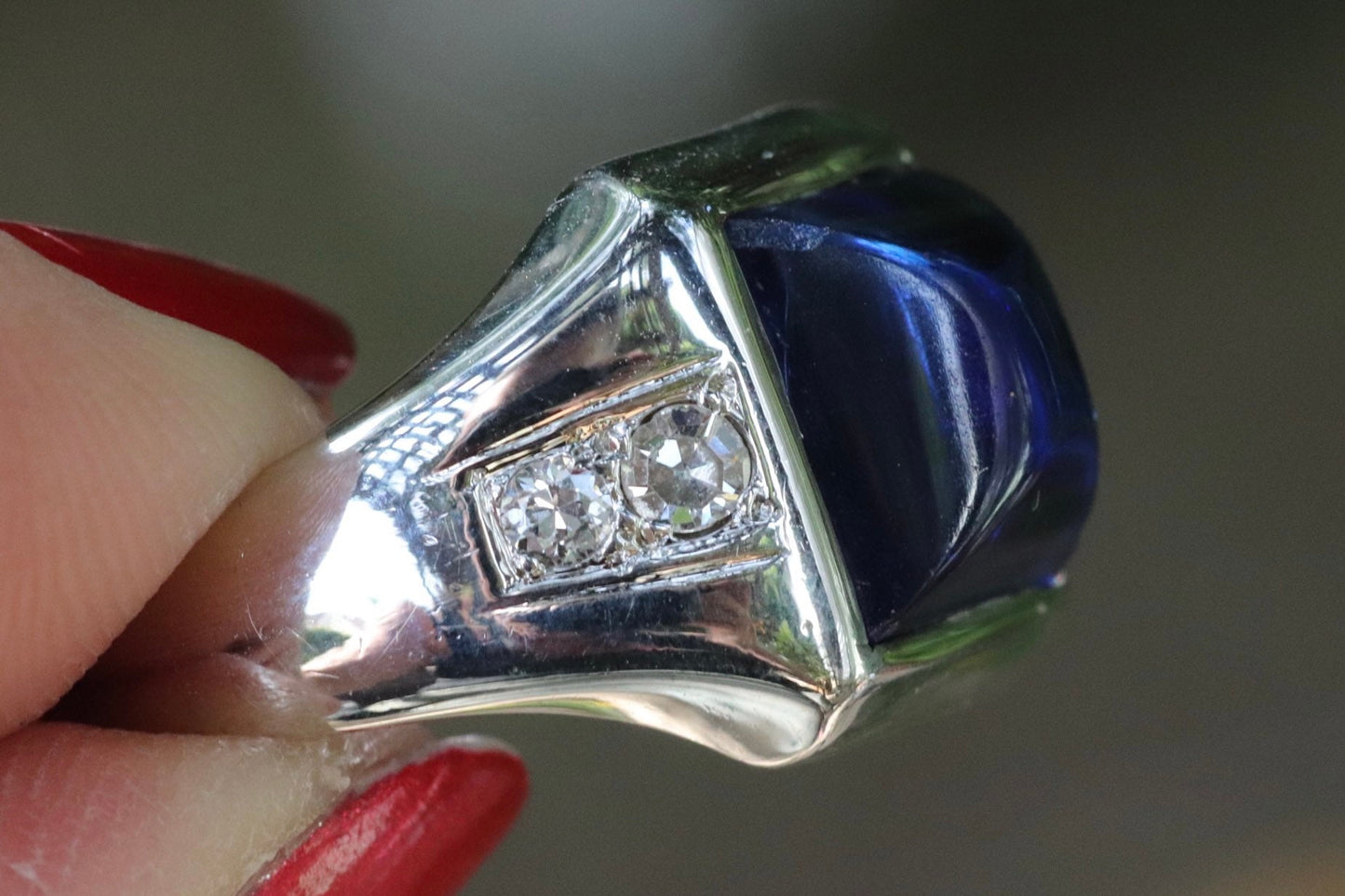 14k white gold synthetic blue sapphire sugarloaf ring with old European cut diamonds size 8 (sizable)