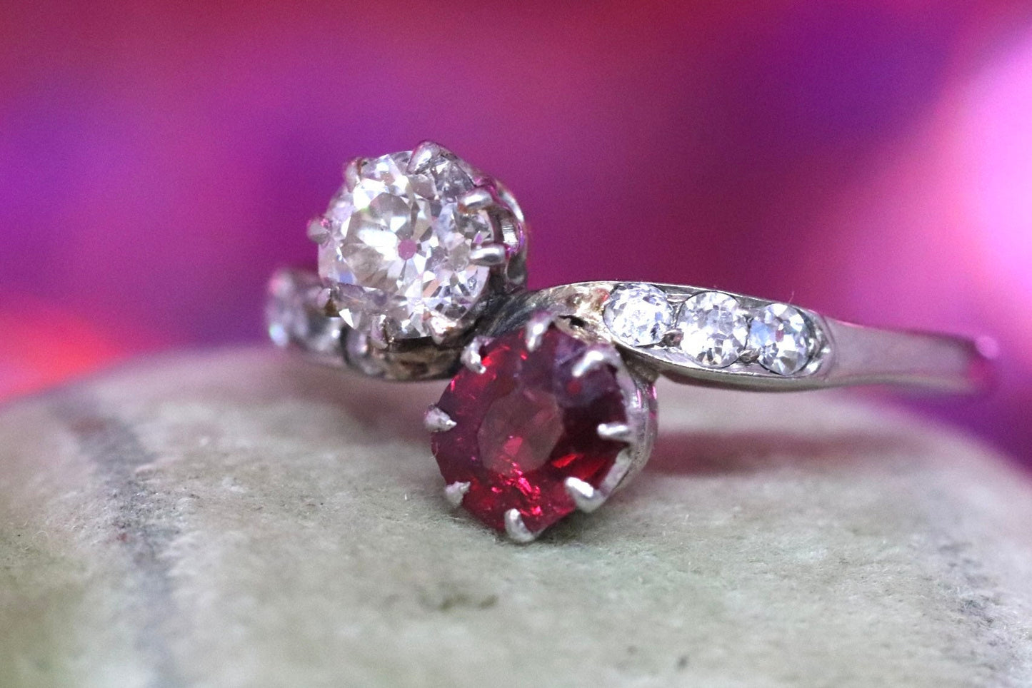18ct white gold old European cut diamond and natural ruby toi et moi size 5 (sizable)