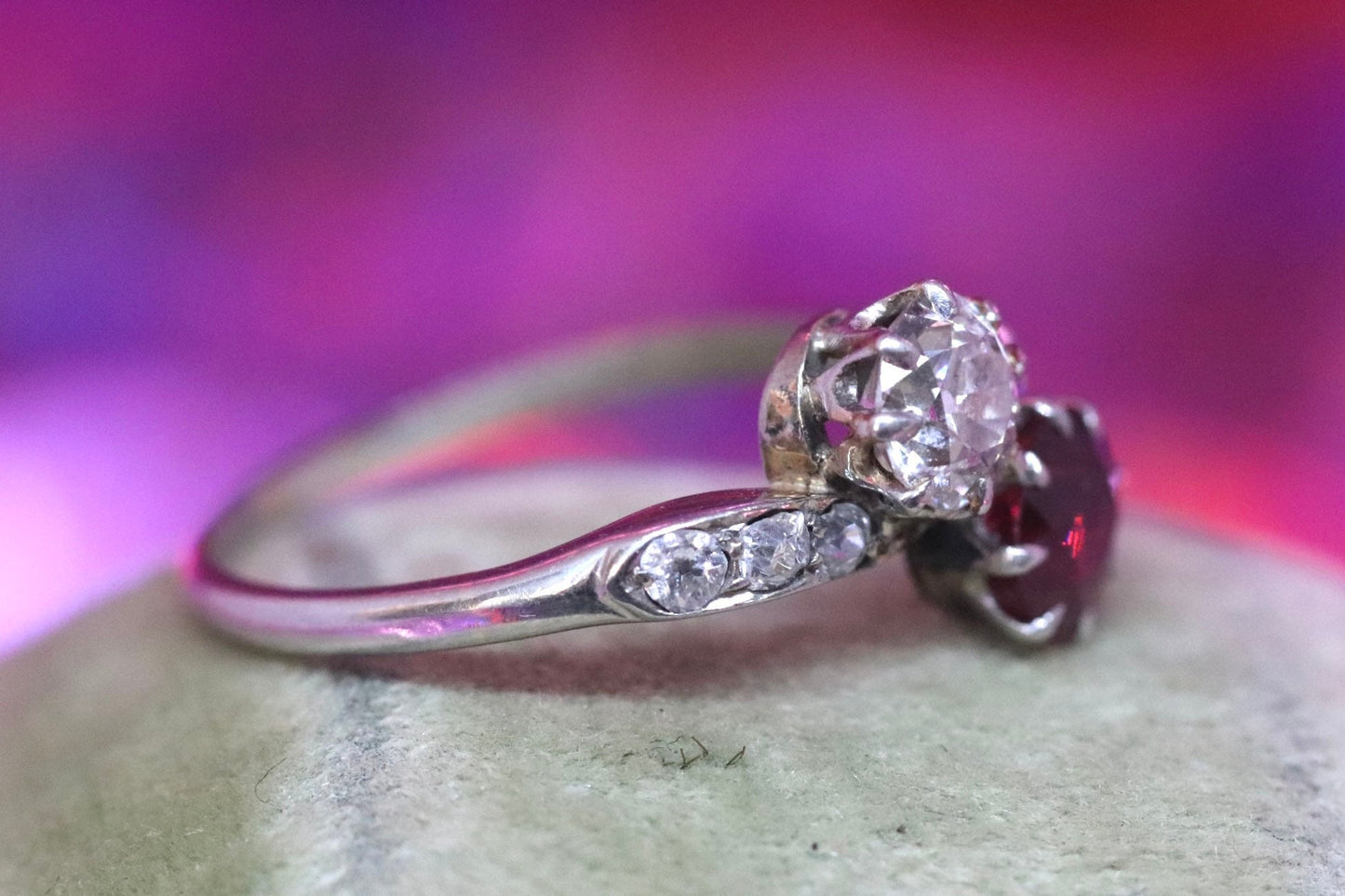 18ct white gold old European cut diamond and natural ruby toi et moi size 5 (sizable)