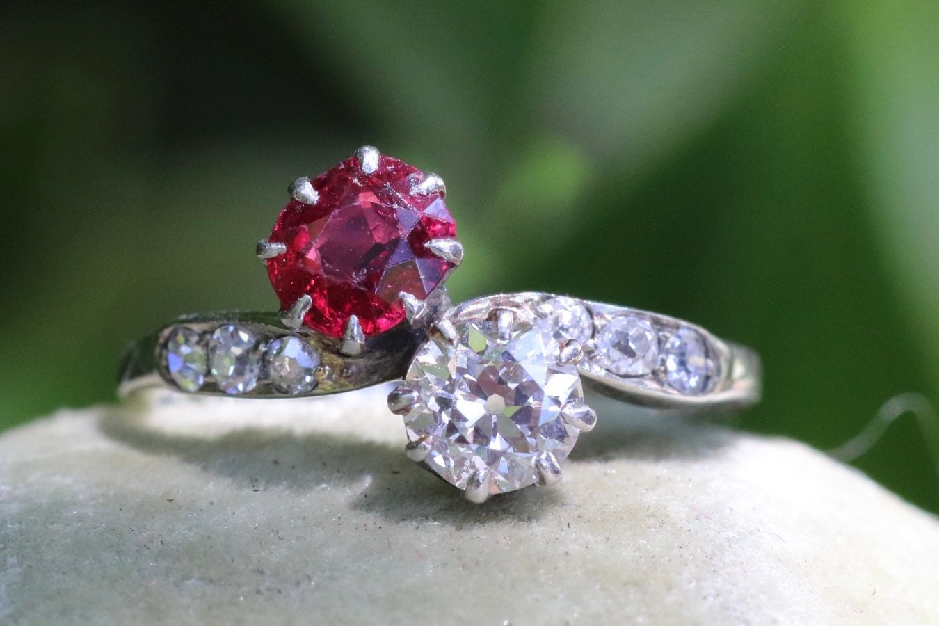 18ct white gold old European cut diamond and natural ruby toi et moi size 5 (sizable)