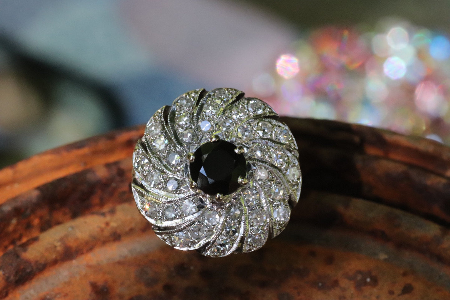 Onyx and old cut diamond ring set in 14k size 8.5 (sizable)