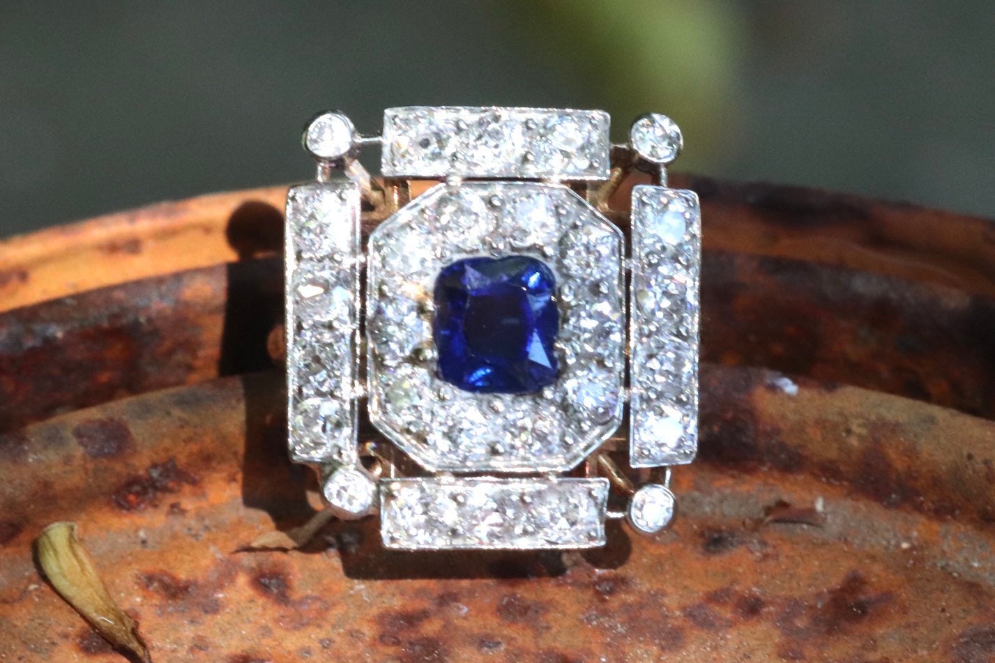 Antique old mine cut diamond and Cambodian Pailin no heat sapphire ring size 6 (Betty)