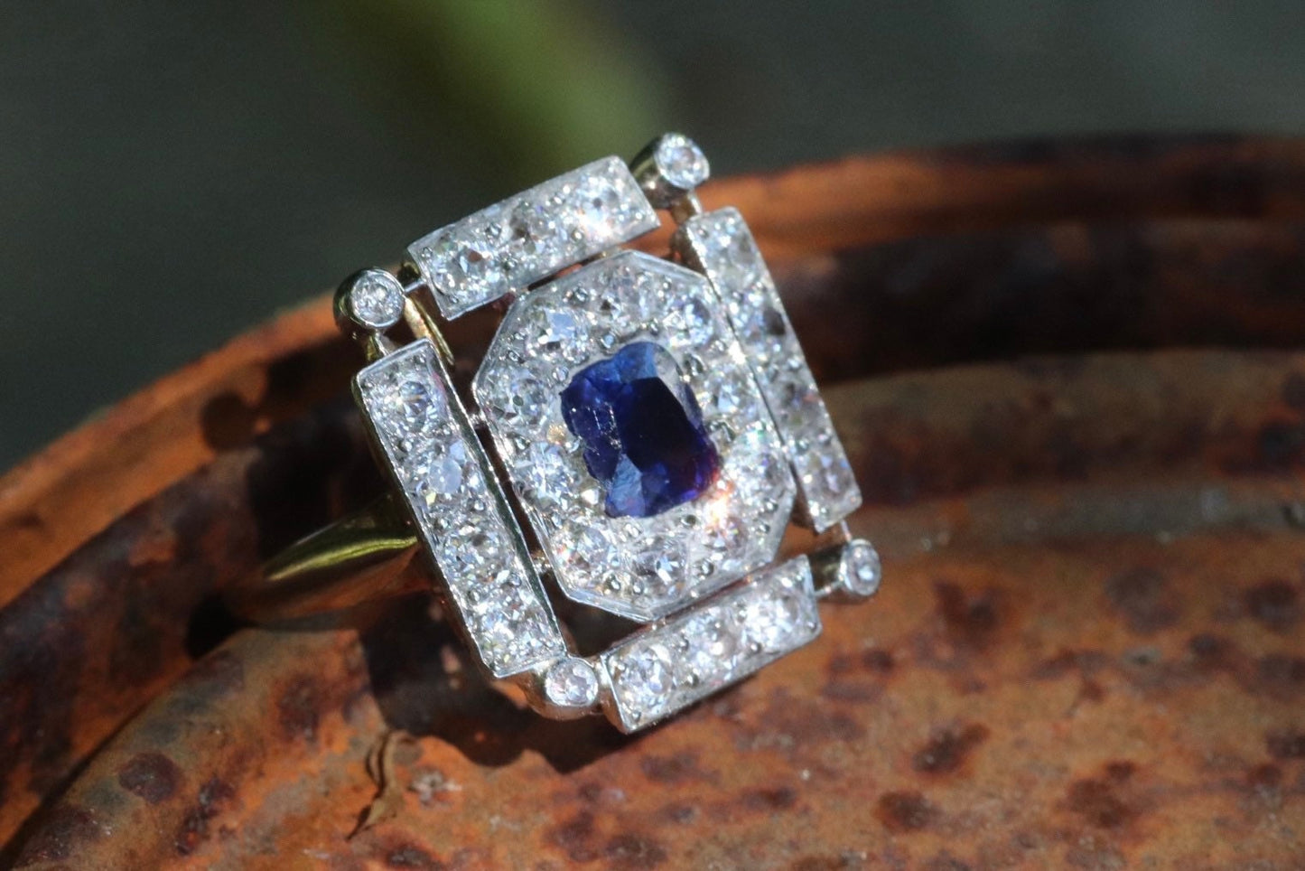 Antique old mine cut diamond and Cambodian Pailin no heat sapphire ring size 6 (Betty)