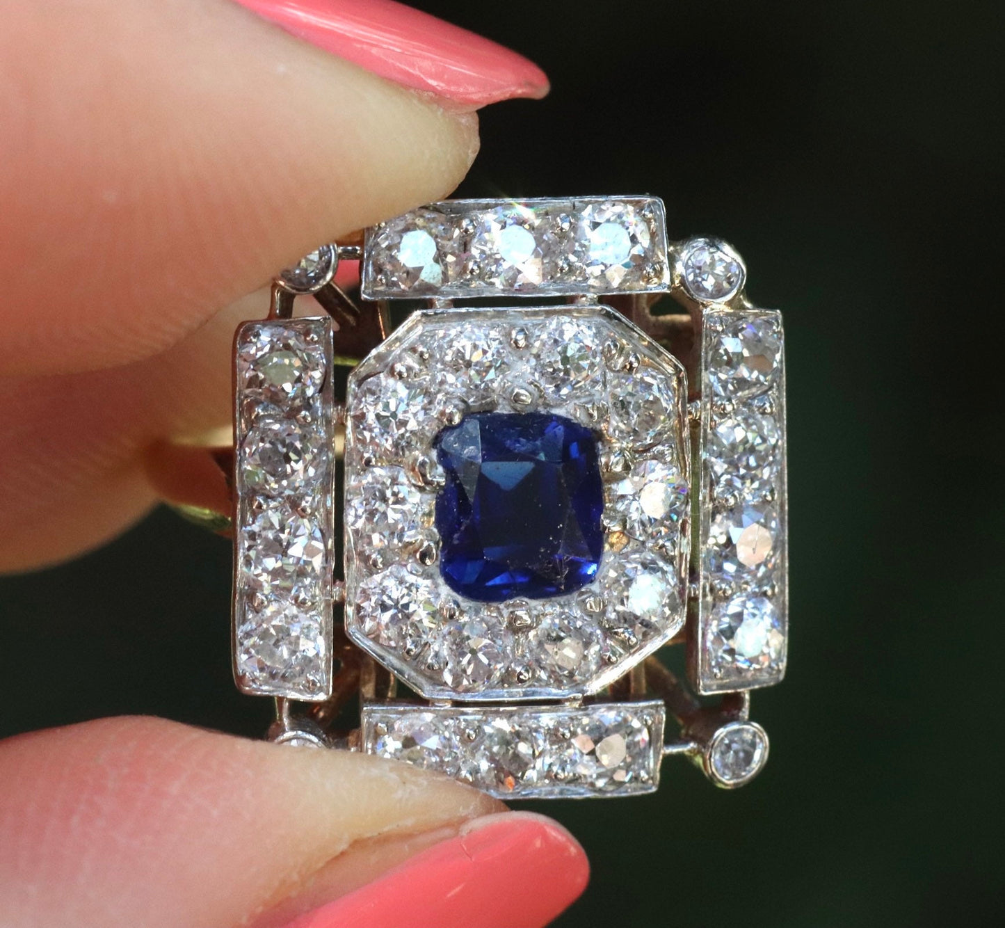 Antique old mine cut diamond and Cambodian Pailin no heat sapphire ring size 6 (Betty)