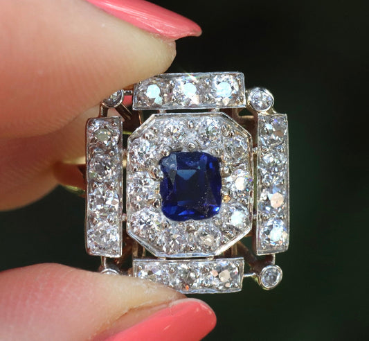 Antique old mine cut diamond and Cambodian Pailin no heat sapphire ring size 6 (Betty)