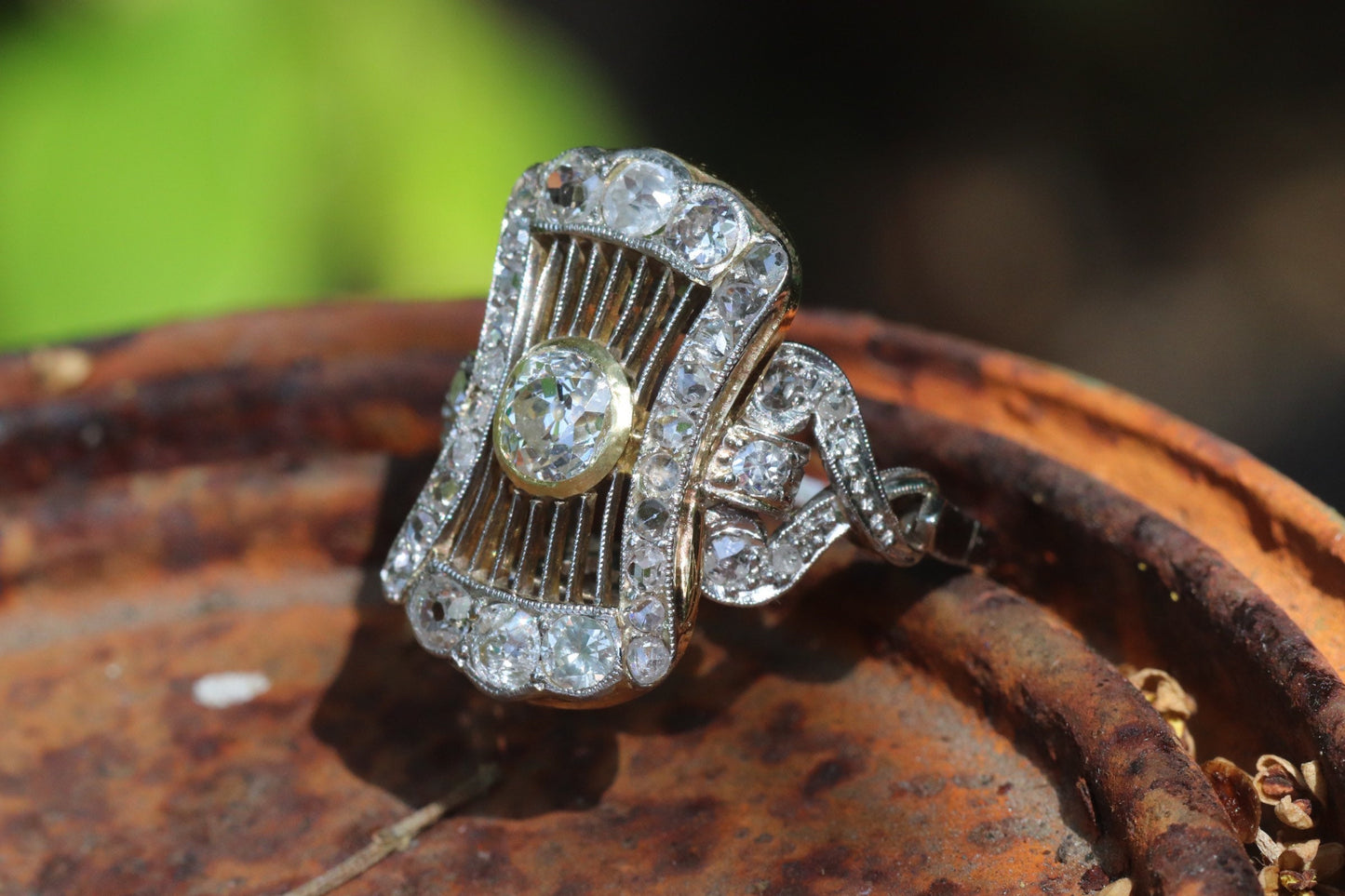 1940s platinum and 18k gold antique diamond filigree statement ring size 6 (sizable)