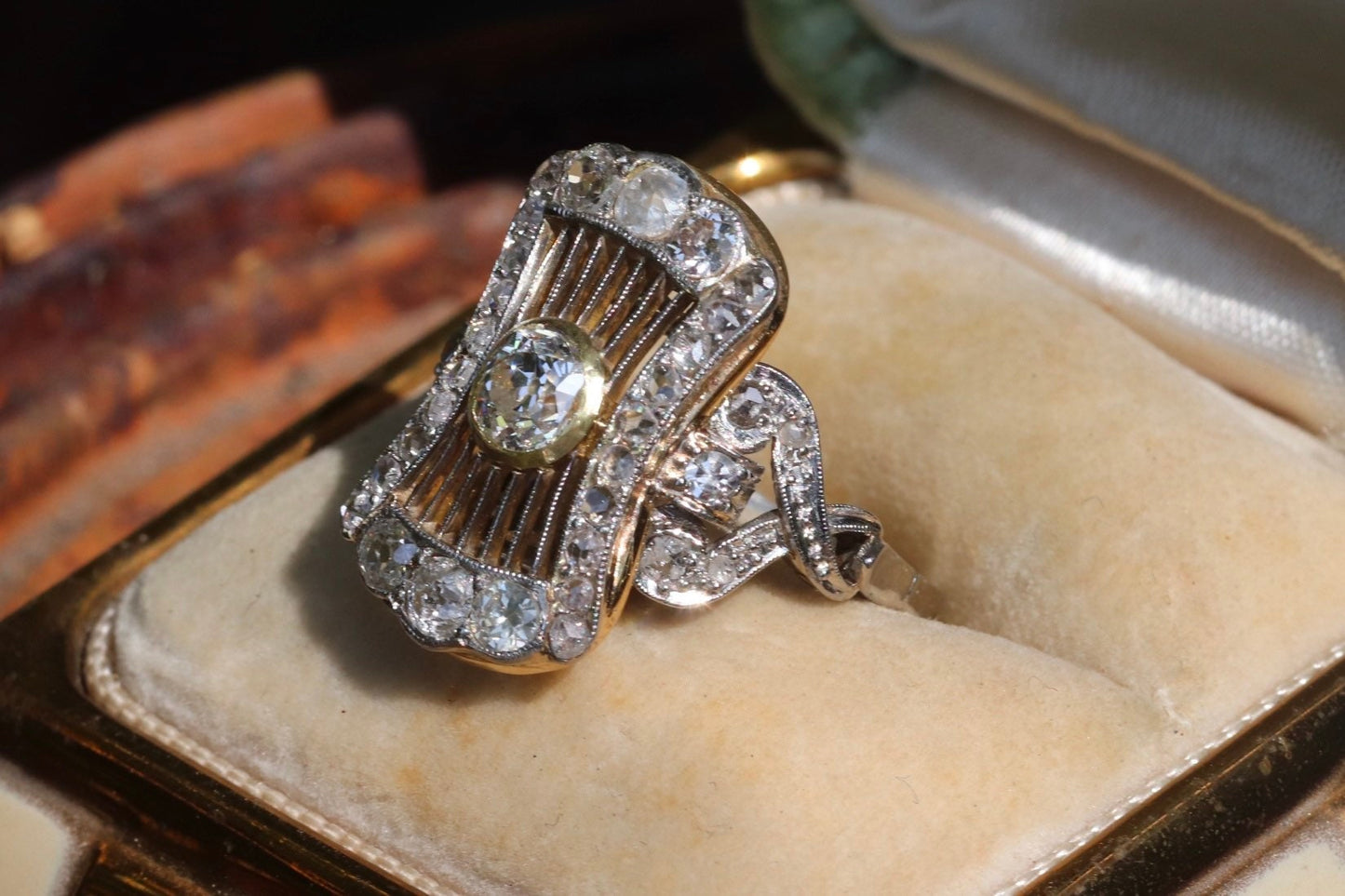 1940s platinum and 18k gold antique diamond filigree statement ring size 6 (sizable)
