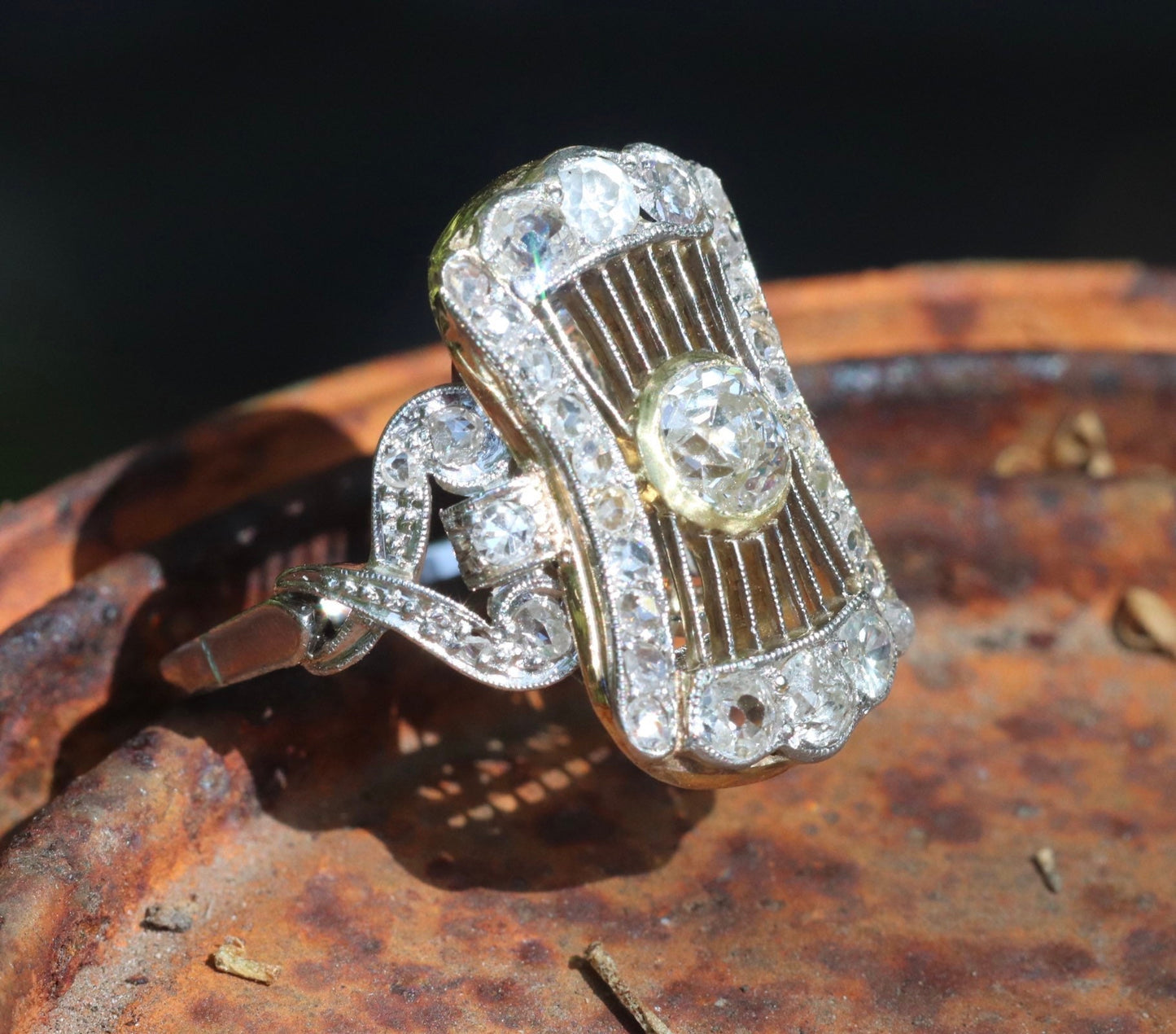 1940s platinum and 18k gold antique diamond filigree statement ring size 6 (sizable)