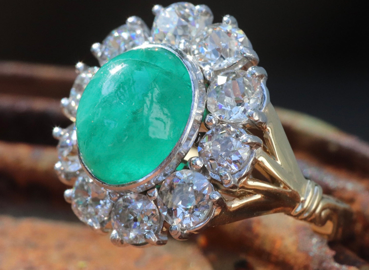 Emerald old European cut diamond halo Art Deco pearl clasp conversion to ring in 14k gold and platinum size 6 (sizable)