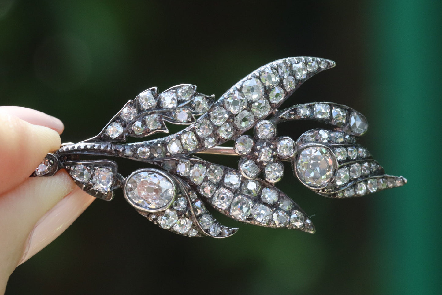 Antique Old cut diamond brooch set in silver and 18k yellow gold