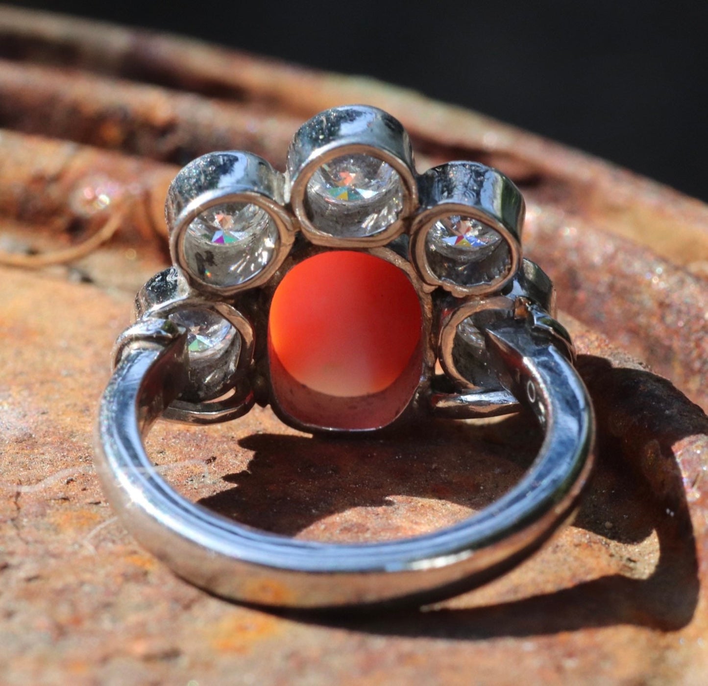 Retro coral and diamond ring set in platinum size 6.25 (sizable)