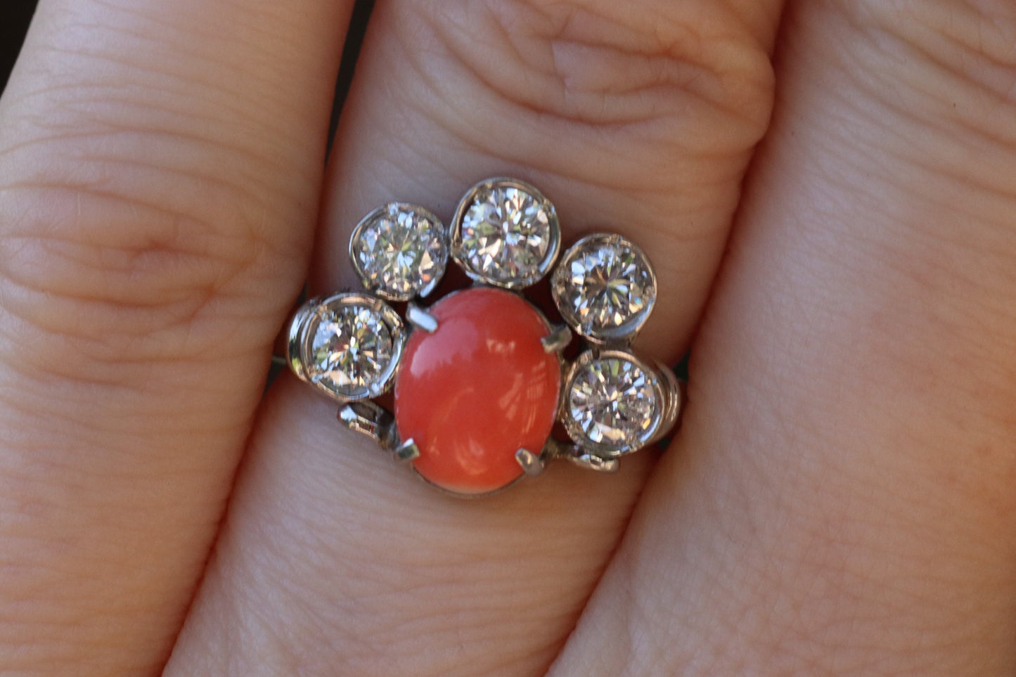 Retro coral and diamond ring set in platinum size 6.25 (sizable)
