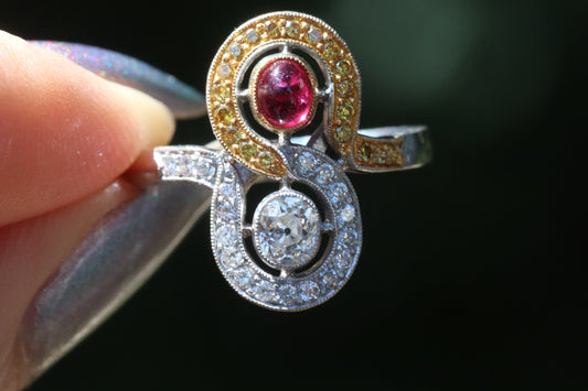 18k Art Deco inspired old cut oval diamond and cabochon ruby ring size 8 (sizable)