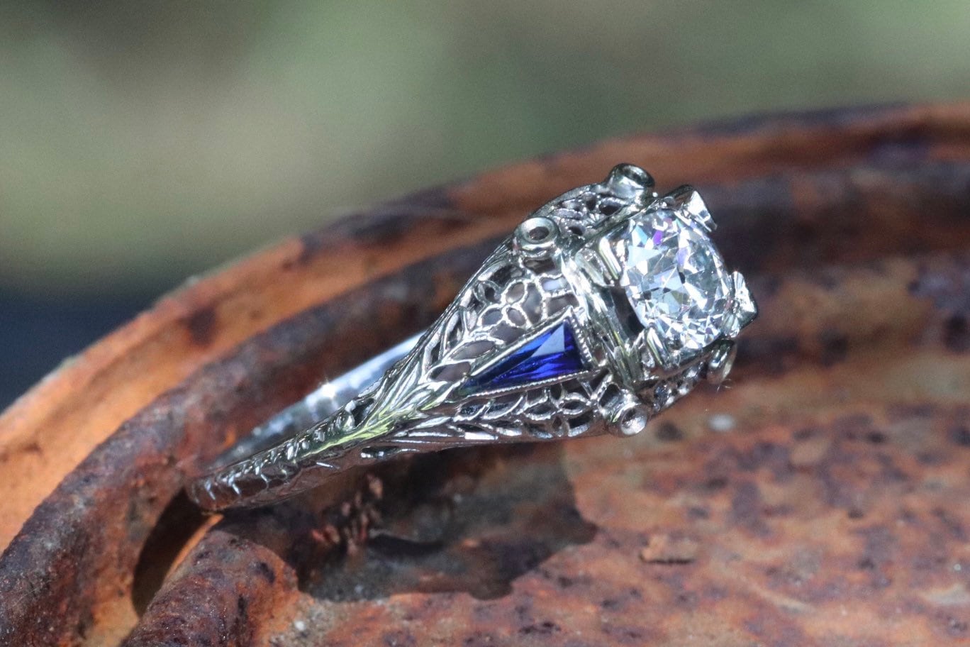 Authentic Art Deco old European cut diamond and sapphire engagement ring
