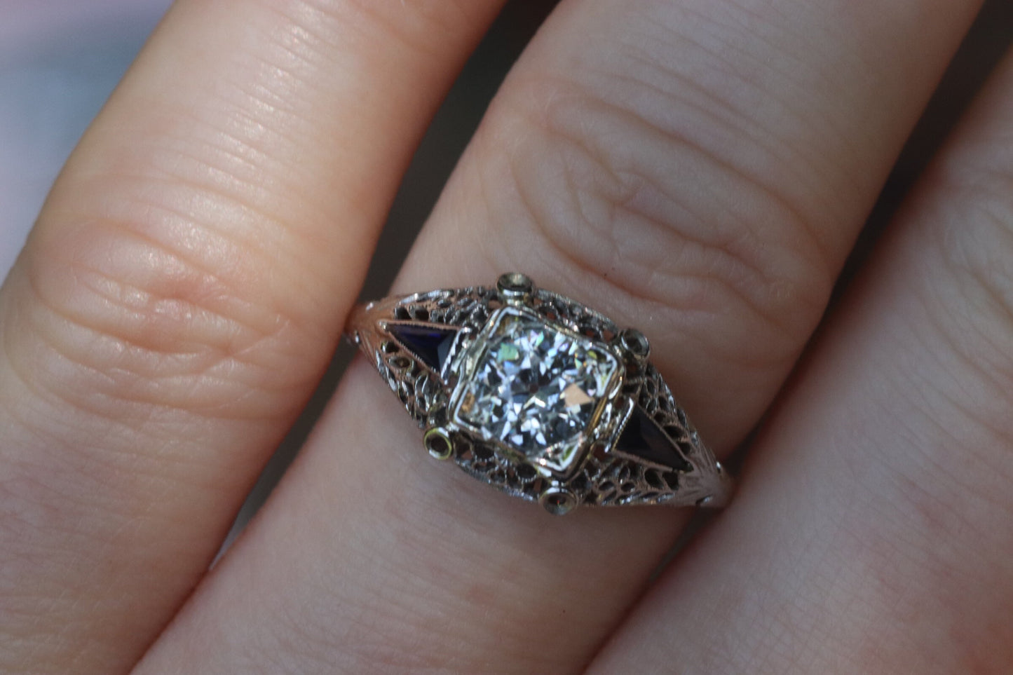 Authentic Art Deco old European cut diamond and sapphire engagement ring