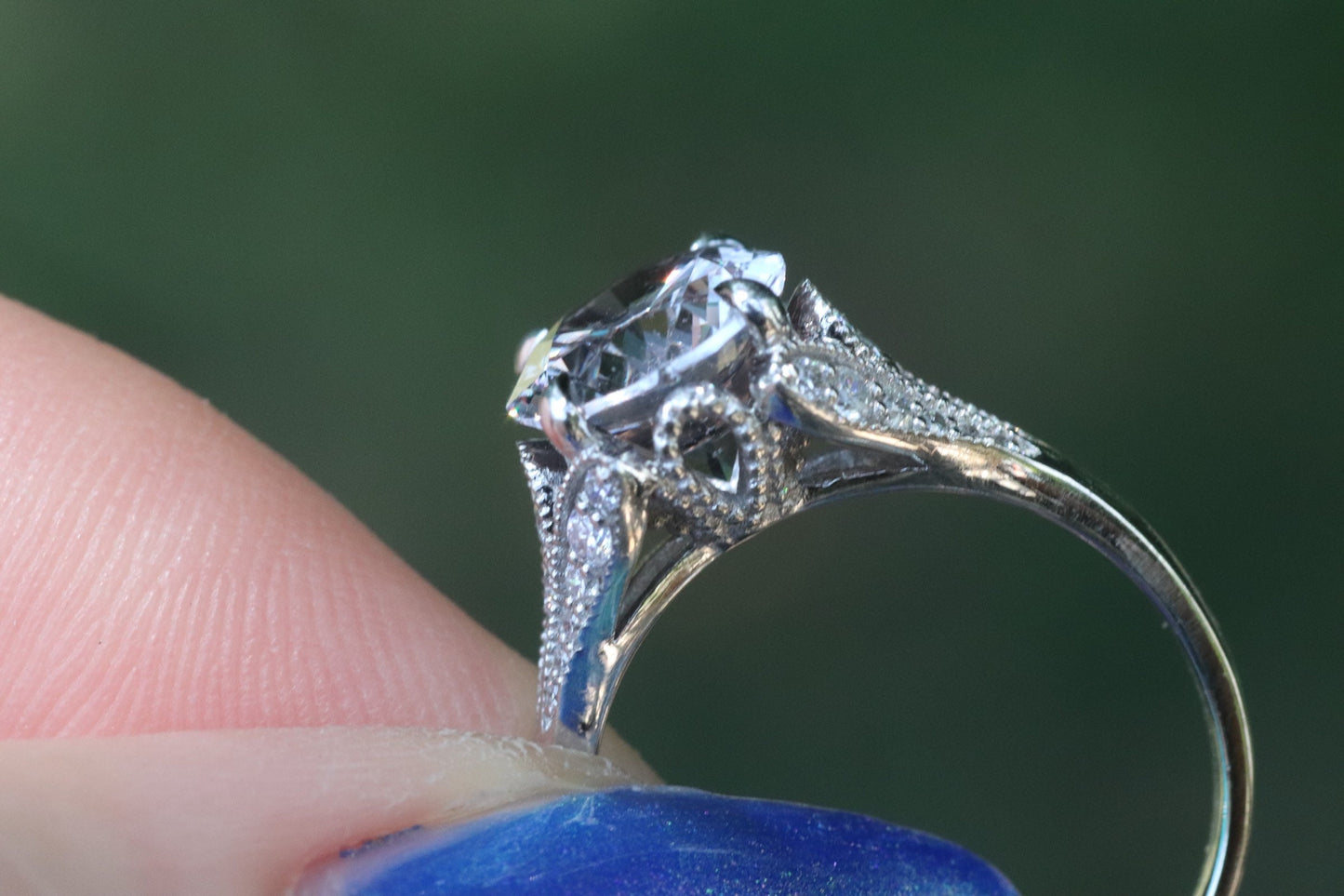 Custom made lavender spinel and 14 karat white gold and diamonds size 6 sizable